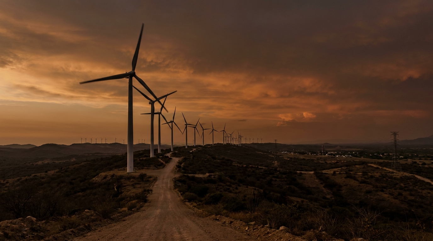 Wind turbines at a Latin American wind farm with a renewable electricity mix at sunset