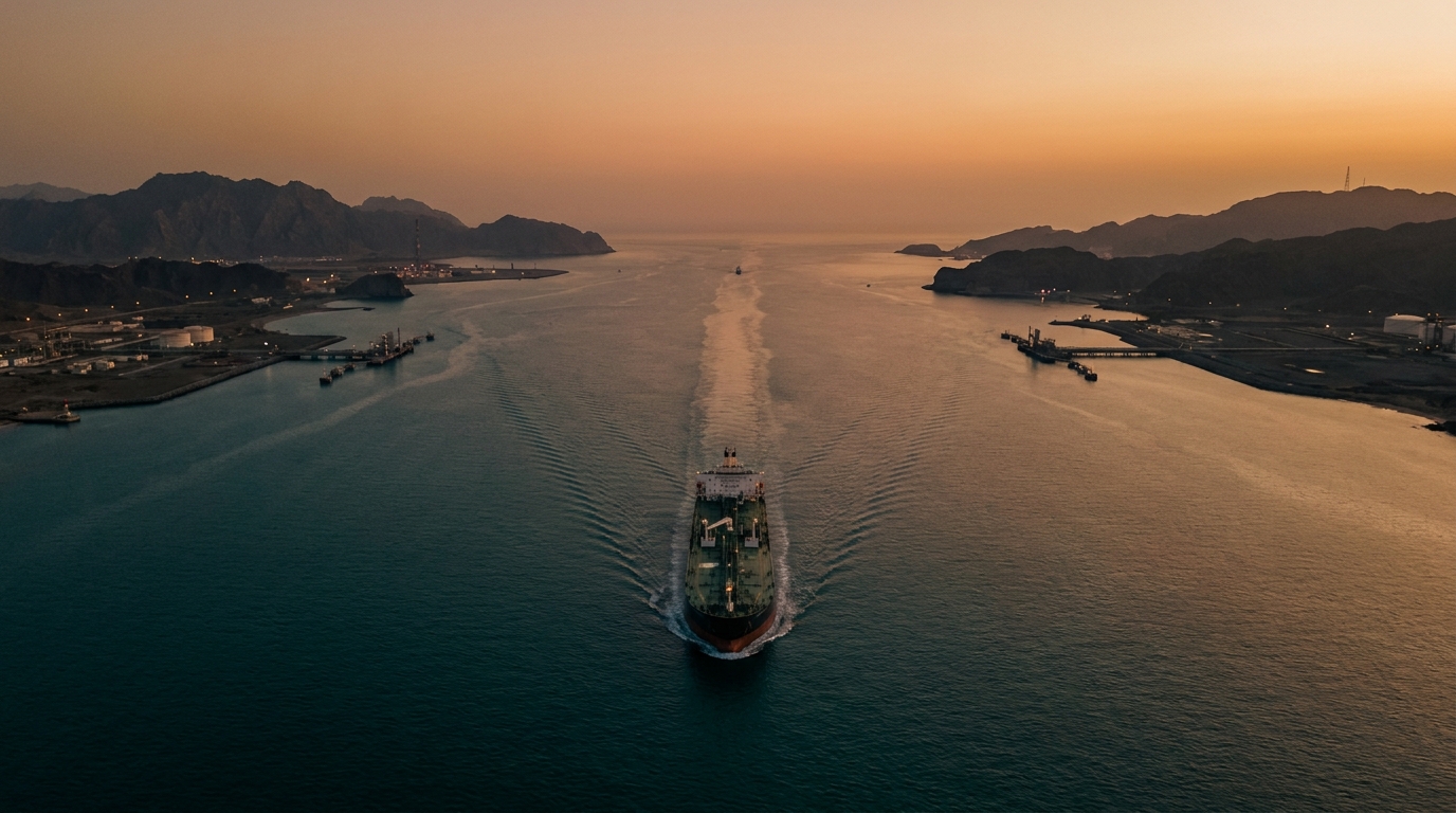 Oil tanker in the Strait of Hormuz at sunset, with amber and teal reflections