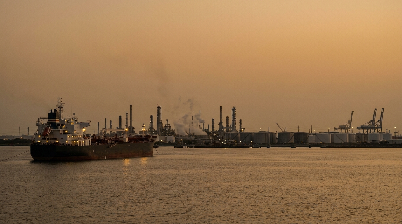 Oil tanker anchored off a Persian Gulf port terminal at sunset
