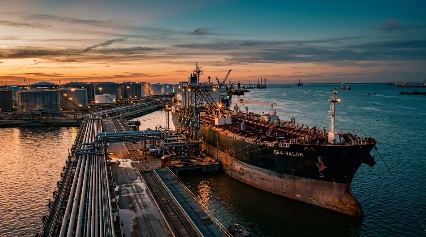 Refinería costera con buques tanque al atardecer, cuota OPEP+ y mercado petrolero