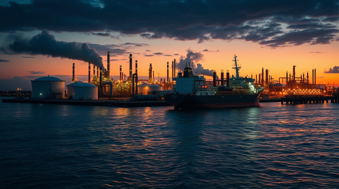 Refinería costera al atardecer, infraestructura clave para la demanda de energía a 2050