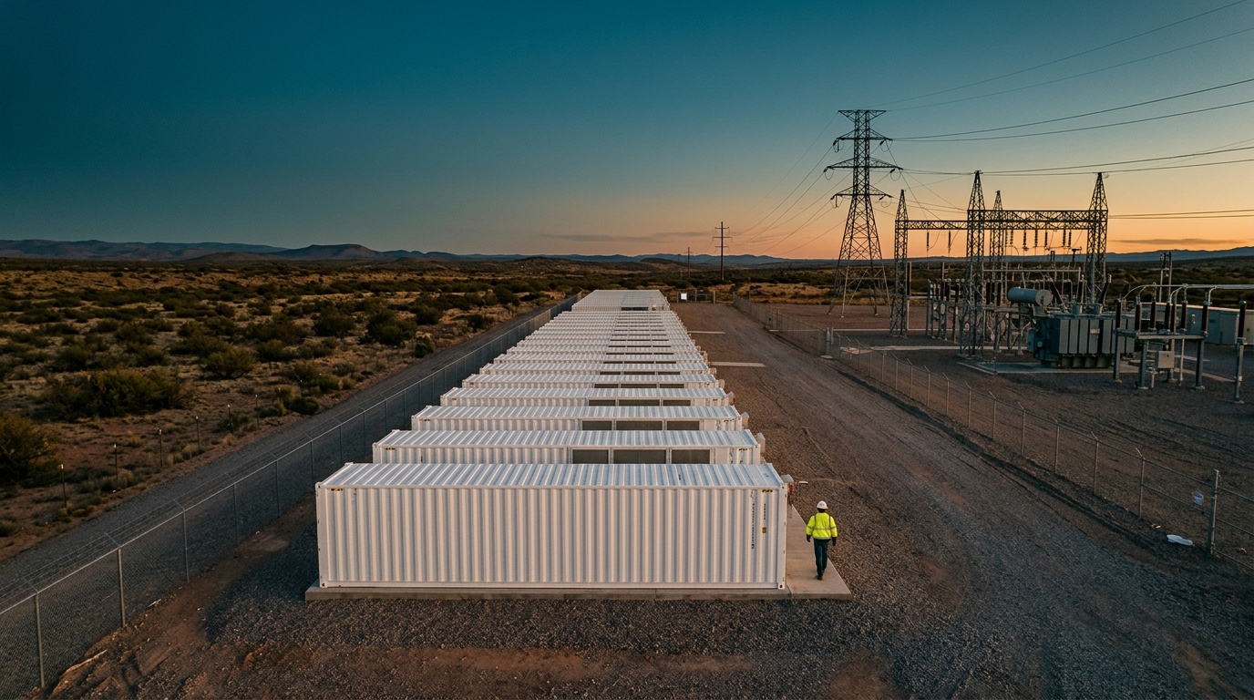 Grid battery containers beside a high-voltage substation at sunset