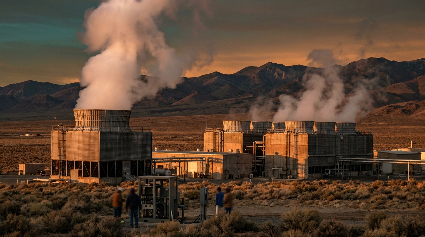 Geothermal plant with steam columns in the Nevada desert at sunset