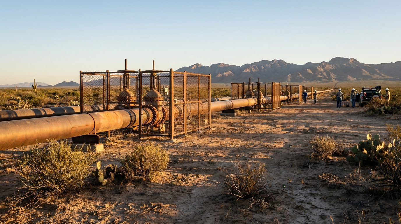 Gasoducto de importación en paisaje árido norteño al amanecer, infraestructura gasera México