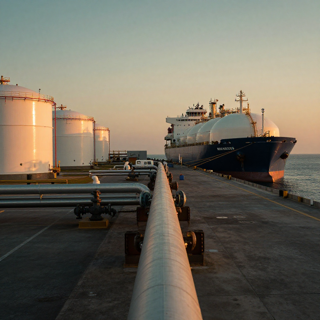 LNG carrier docked at a Gulf LNG terminal, fossil fuels at dawn