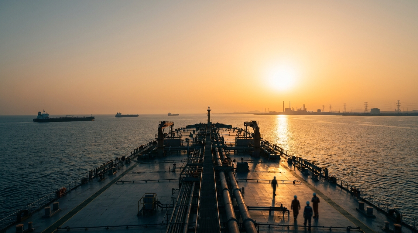 Tanker ship in the Strait of Hormuz at sunset, with maritime traffic recovering after the ceasefire