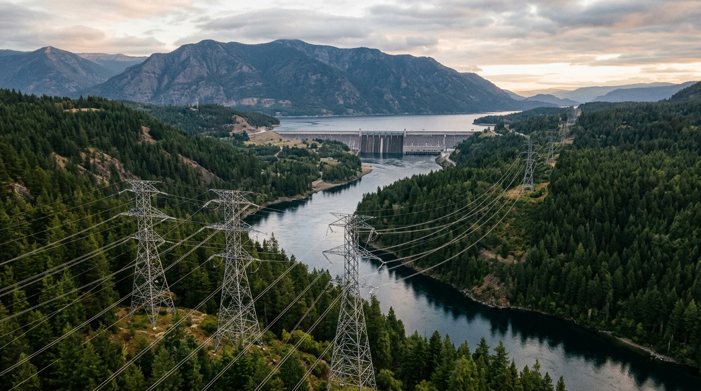 Aerial view of electrical transmission lines in the Pacific Northwest at sunrise