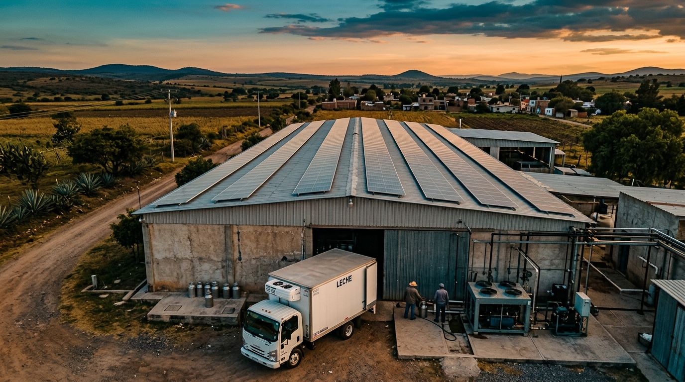 Solar panels on the roof of a milk collection center with refrigeration equipment