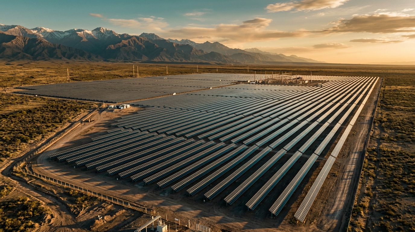 Parque solar con filas de paneles bifaciales en el desierto de Mendoza, Argentina