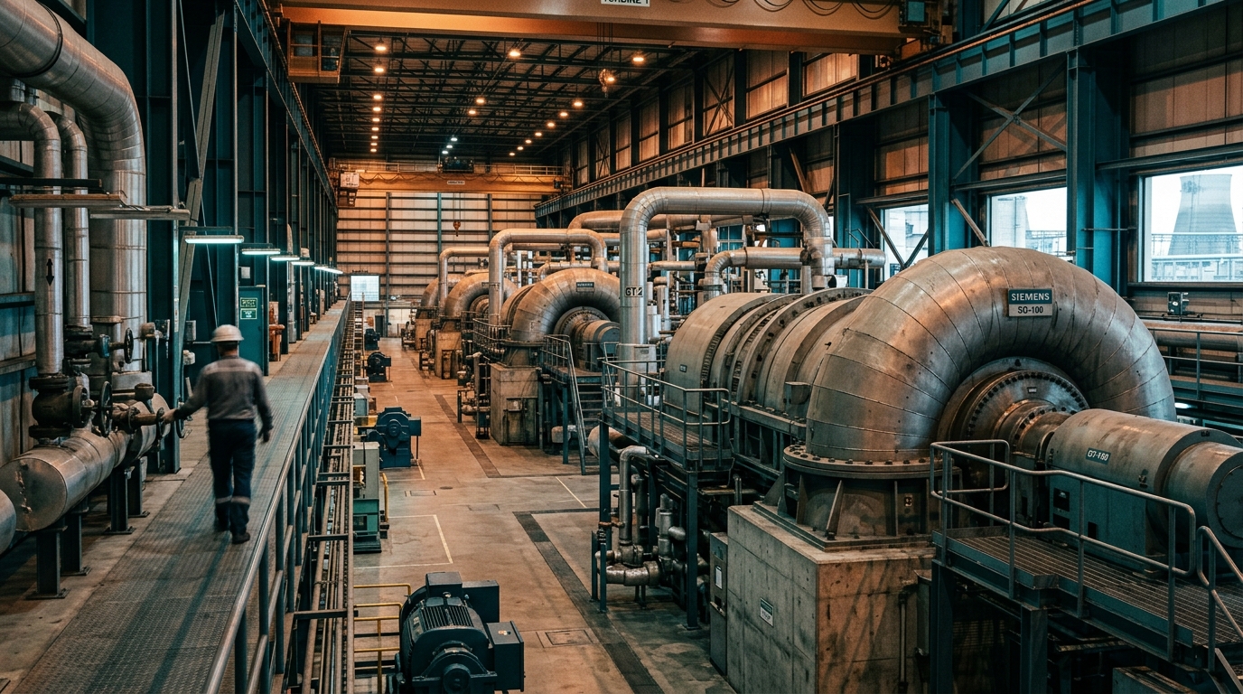 Gas turbines at a combined-cycle plant, steam plumes at dusk
