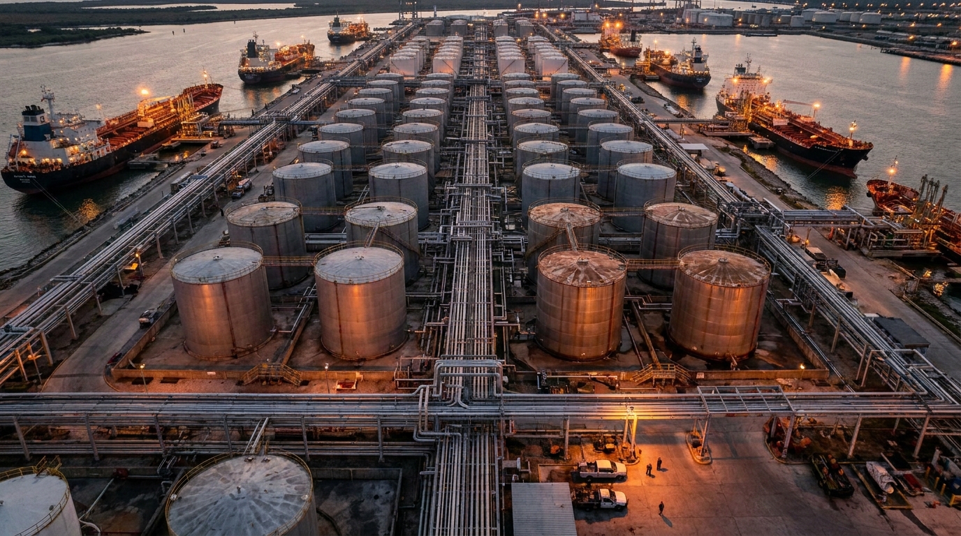 Crude oil storage tanks at an industrial port on the Gulf of Mexico at dusk