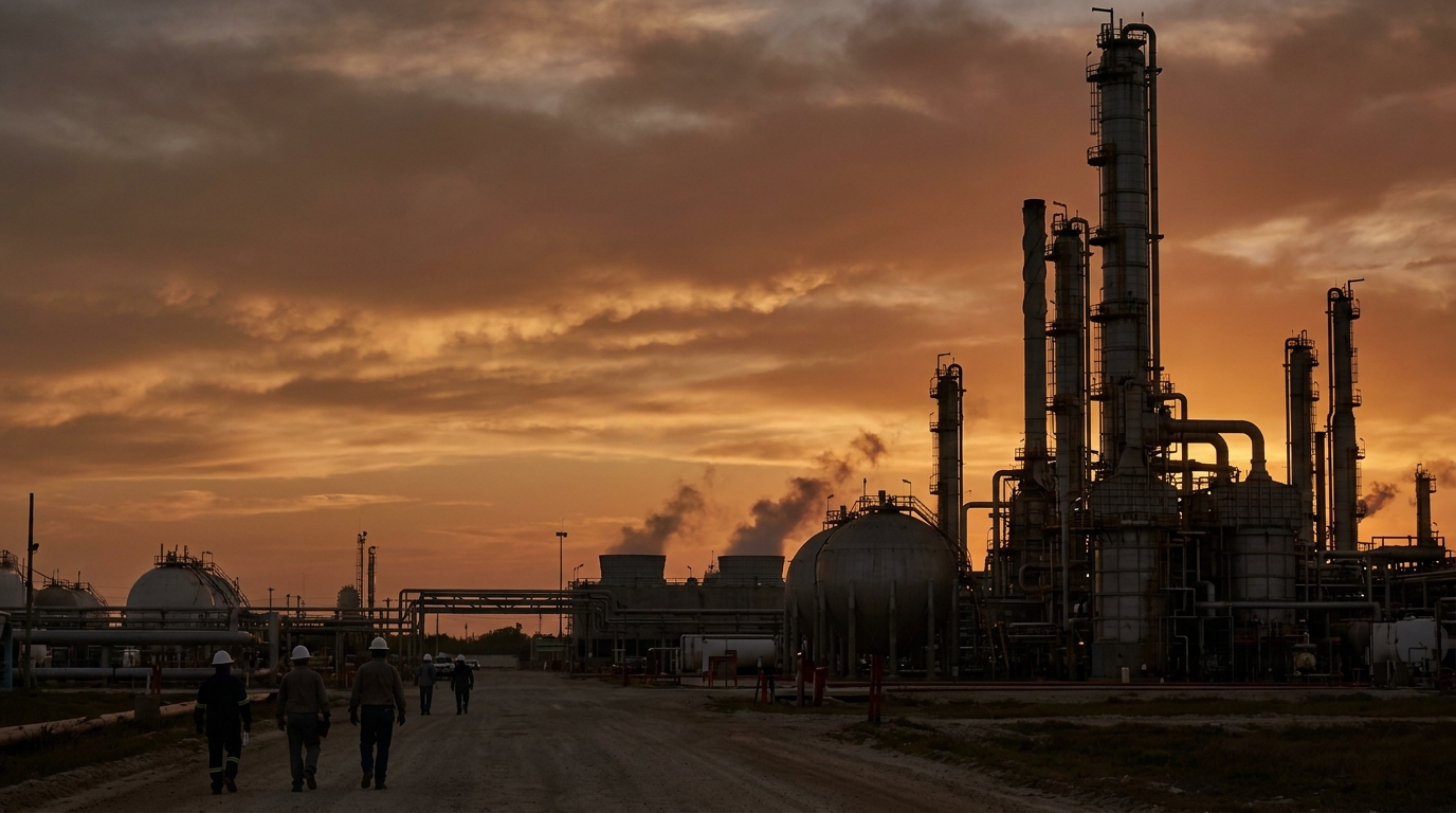 Infraestructura de refinación de Pemex al atardecer, déficit comercial de hidrocarburos se amplía