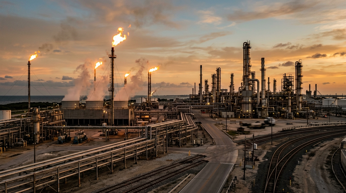 Torres de destilación de una refinería de Pemex bajo luz de atardecer