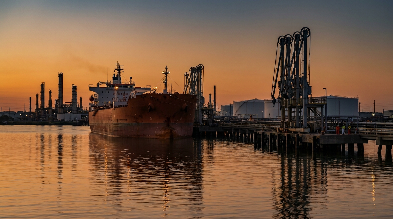 Buque tanque petrolero en puerto industrial del Golfo de México al atardecer