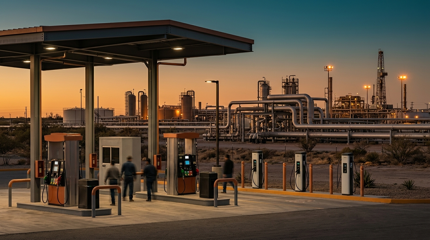 Planta de extracción de litio de salmueras junto a gasolinera con cargadores eléctricos