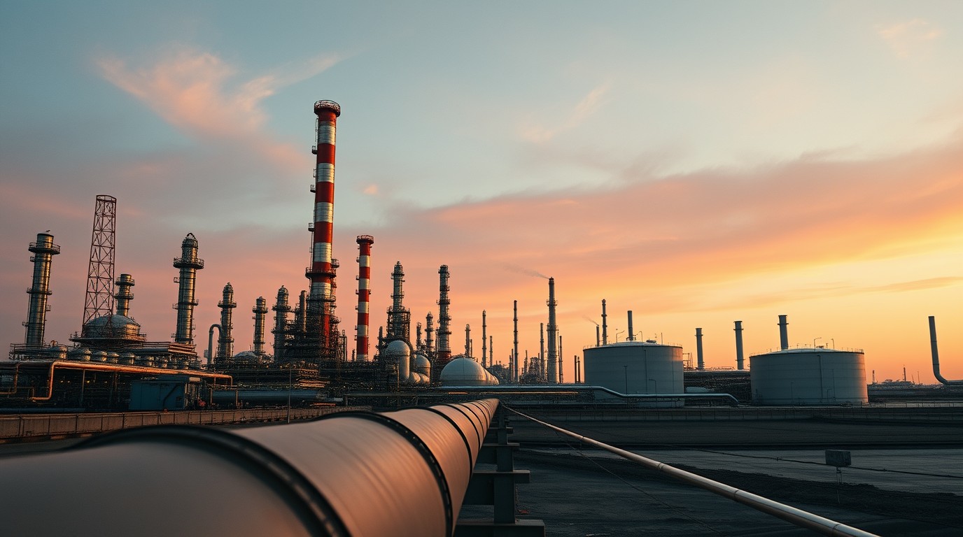 Torres de la refinería de Minatitlán al atardecer, infraestructura de Pemex en Veracruz