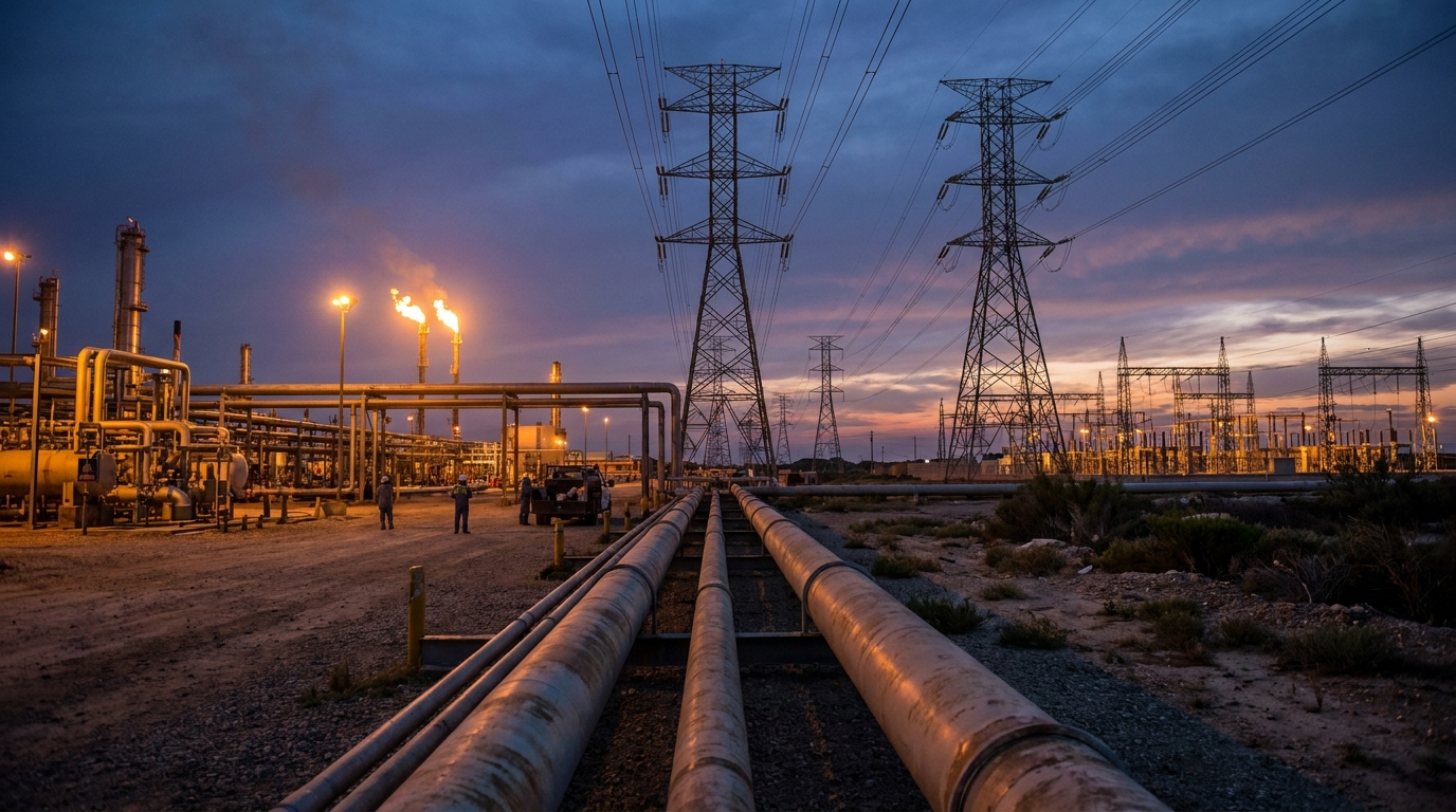 Torres de transmisión eléctrica y ductos de gas natural en corredor energético al atardecer