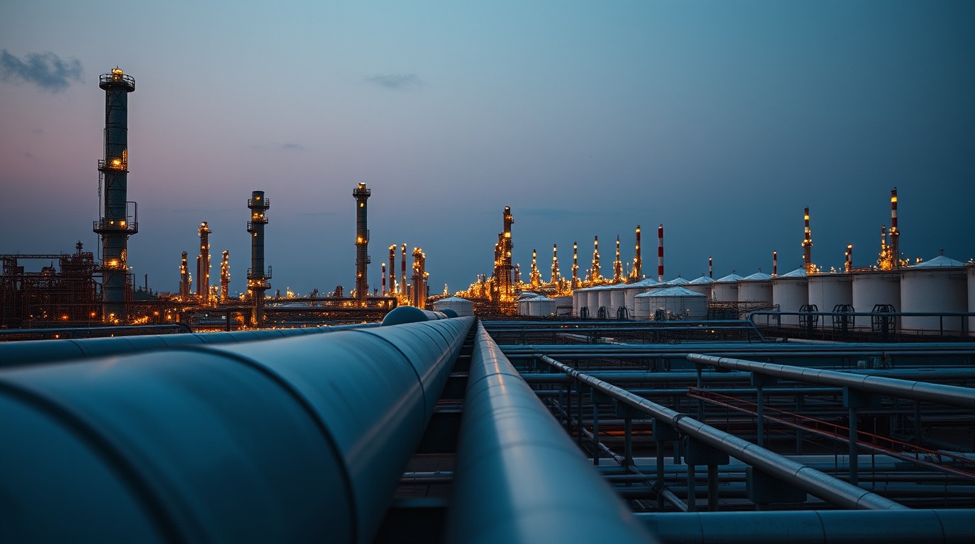 Refining towers and storage tanks at a coastal refinery at sunset