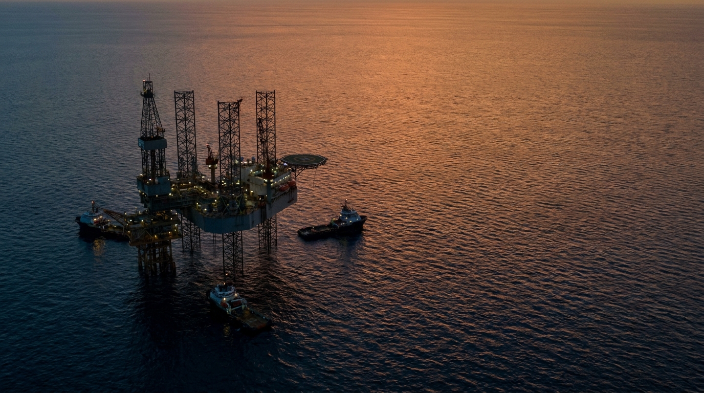 Offshore platform in the Gulf of Mexico at sunset, deepwater oil exploration