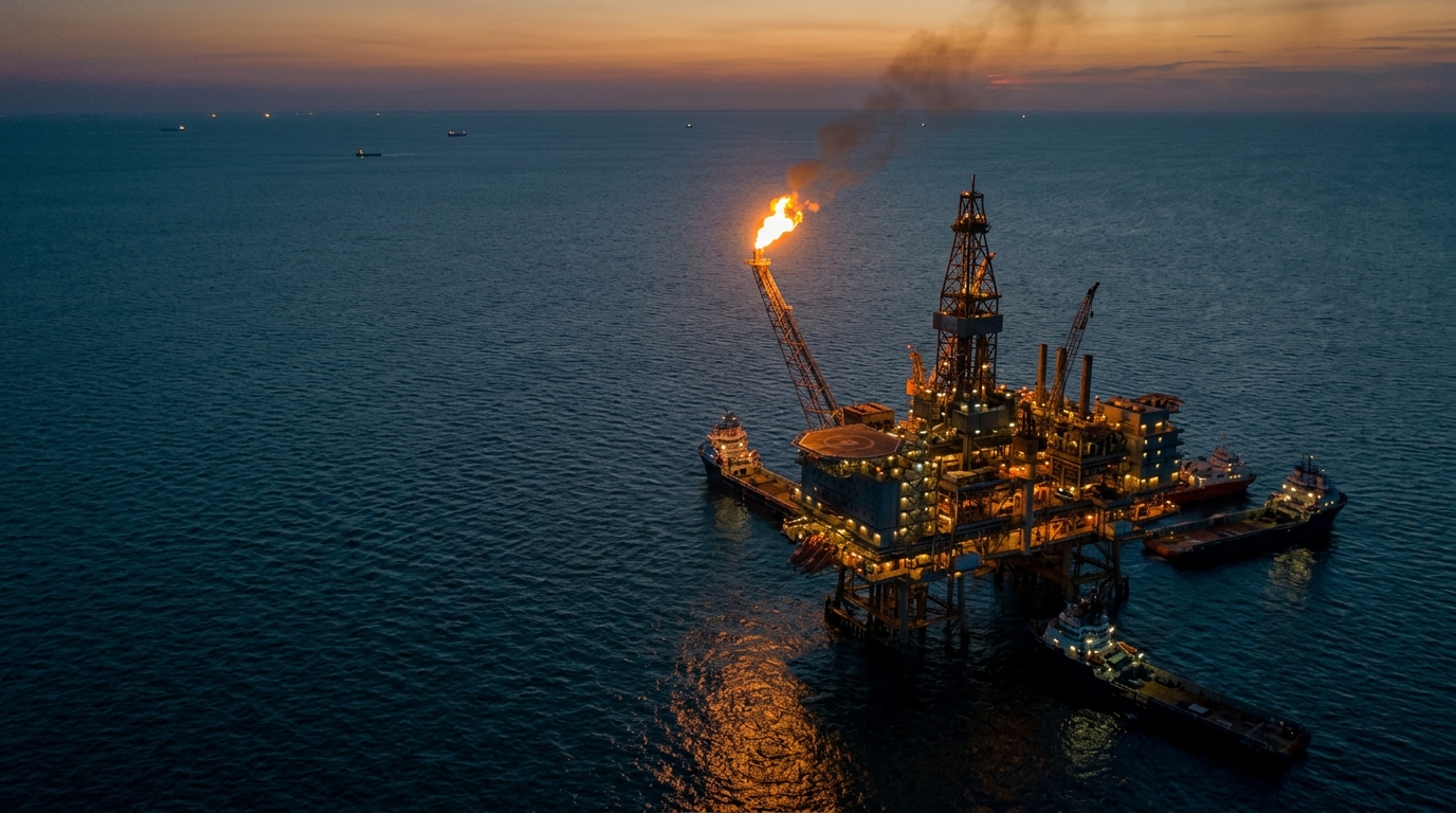 Plataforma de aguas profundas del acuerdo Pemex-Petrobras en el Golfo al atardecer