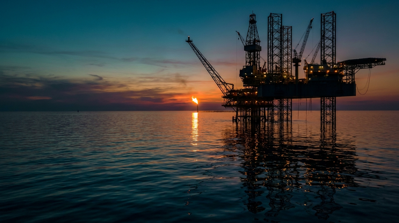 offshore oil platform in the deep waters of the Gulf of Mexico at sunset