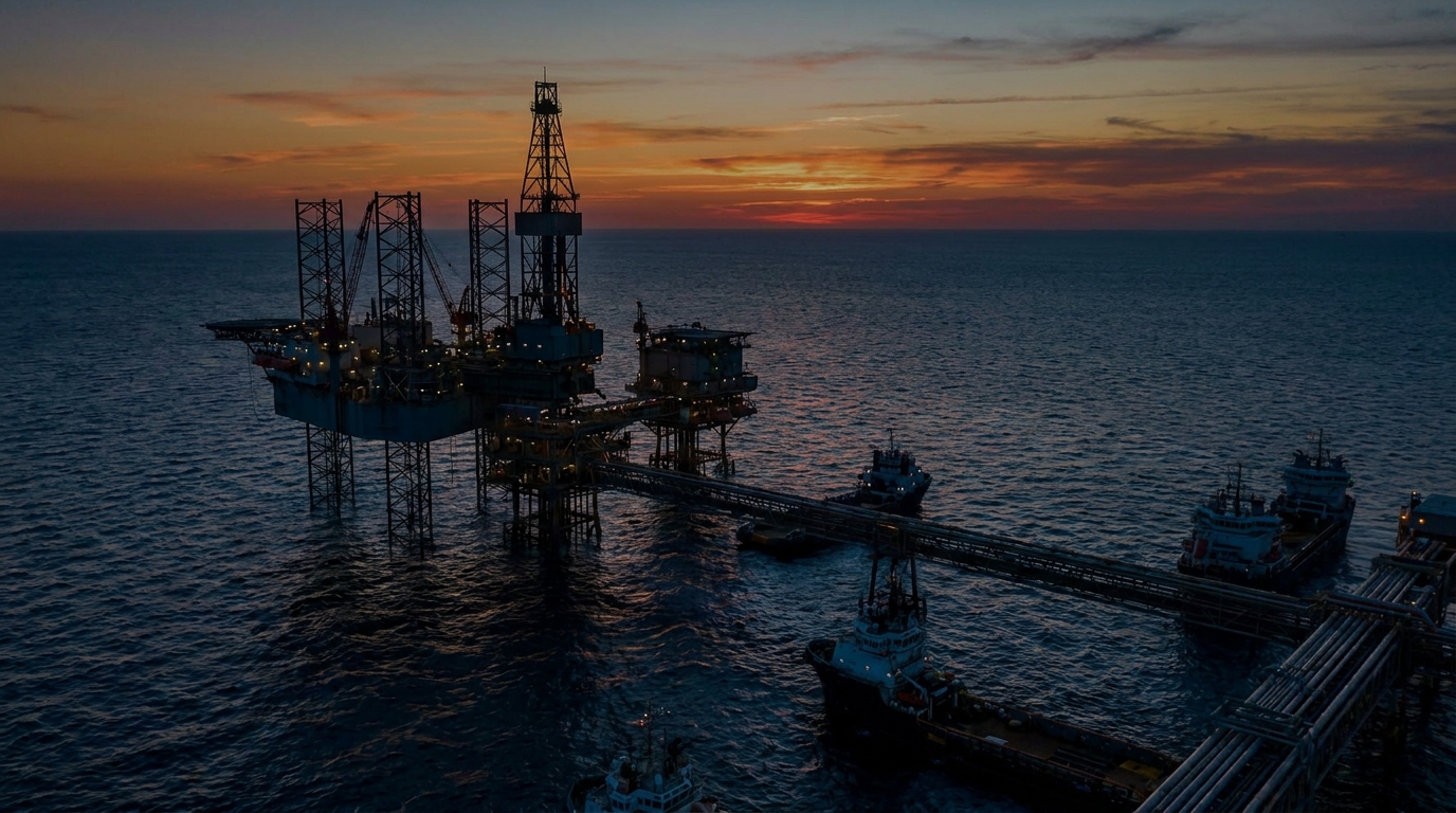 Plataforma offshore en el Golfo de México al atardecer, cooperación Pemex Petrobras aguas profundas