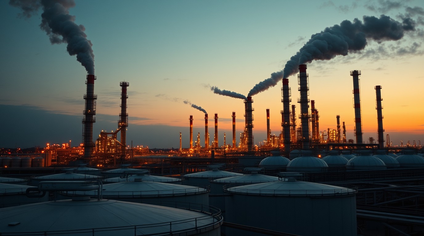 Torres de refinería con plumas de vapor al atardecer junto a tanques de almacenamiento de crudo