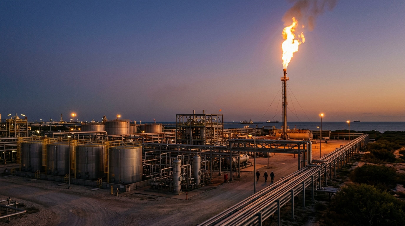 Antorcha de quema de gas natural en instalación de Pemex al atardecer