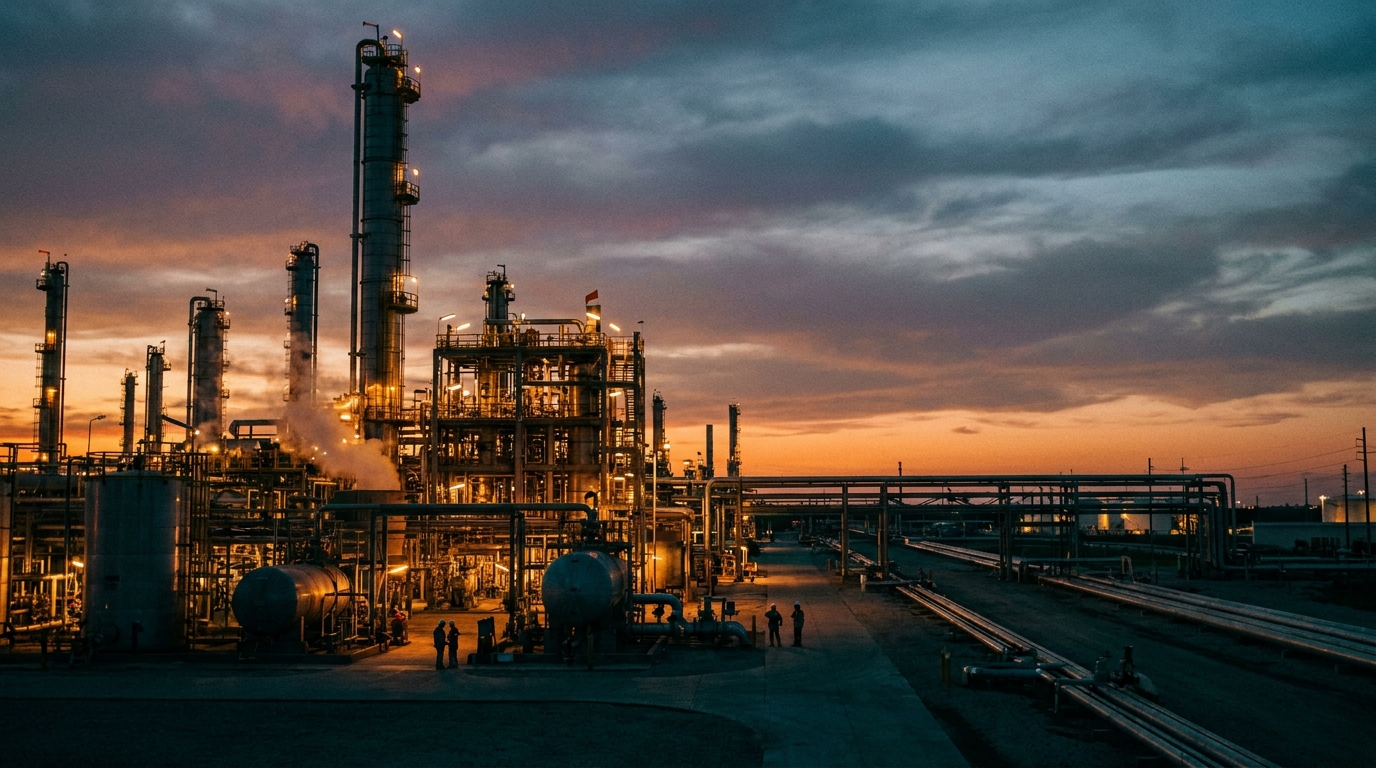 Refinery complex with distillation towers at sunset on the Gulf of Mexico coast