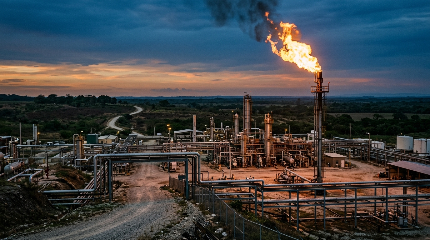 Antorcha de quema de gas natural en campo petrolero de Pemex