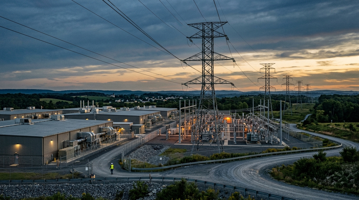 Centros de datos y torres de transmisión eléctrica en Pensilvania al atardecer