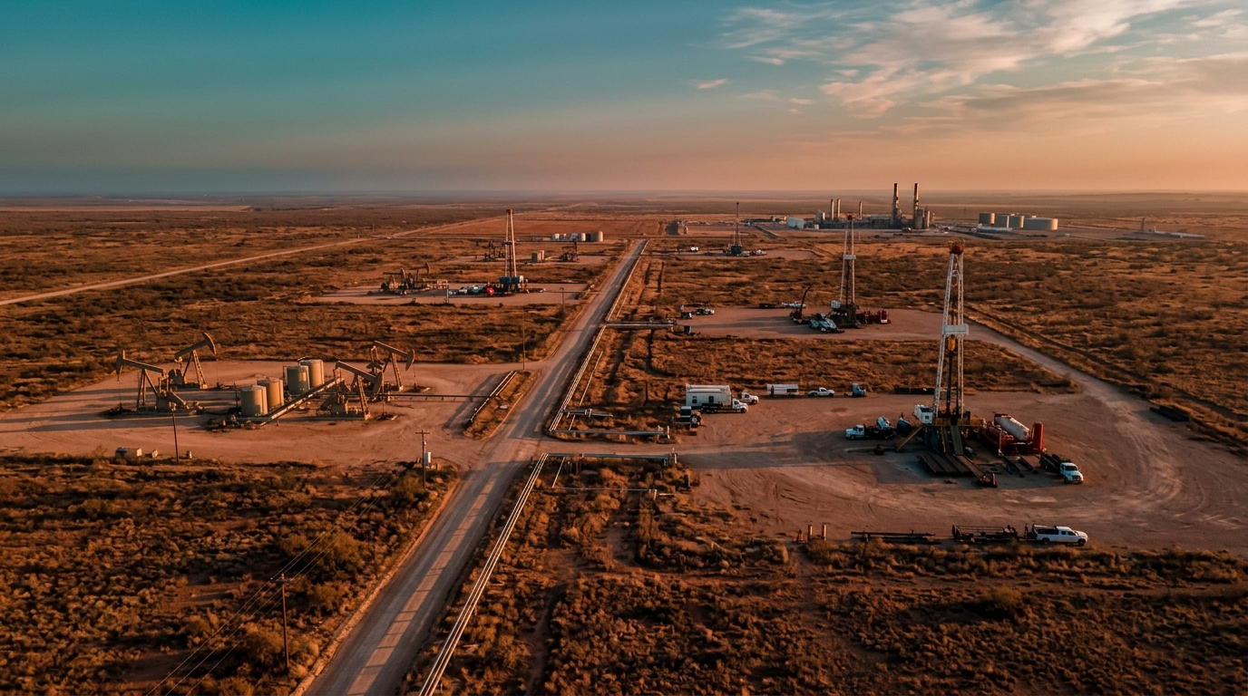 Pozos super-laterales del Permian en el desierto con oleoductos al horizonte