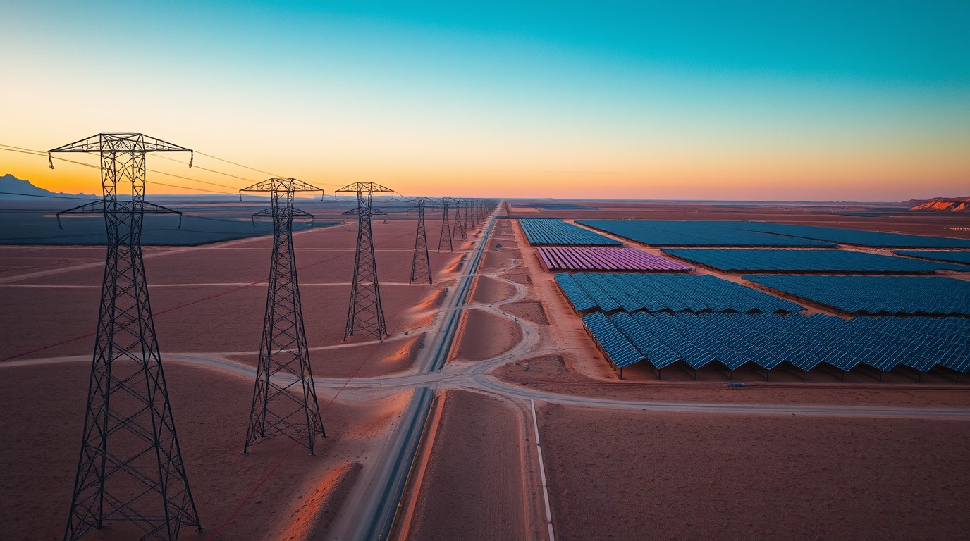 Líneas de transmisión eléctrica de alta tensión en el desierto de Atacama cerca de planta solar