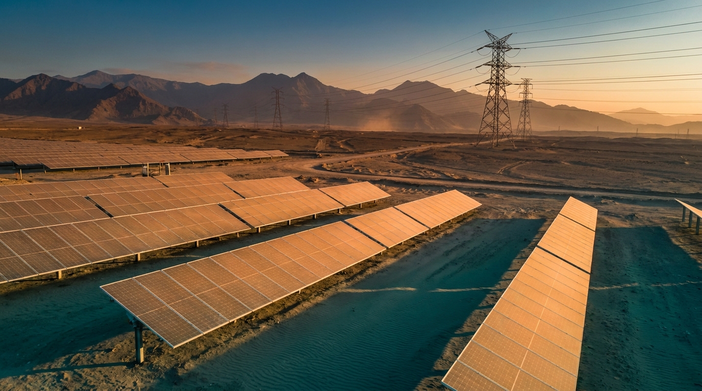 Solar farm in Peru's coastal desert with transmission towers on the horizon