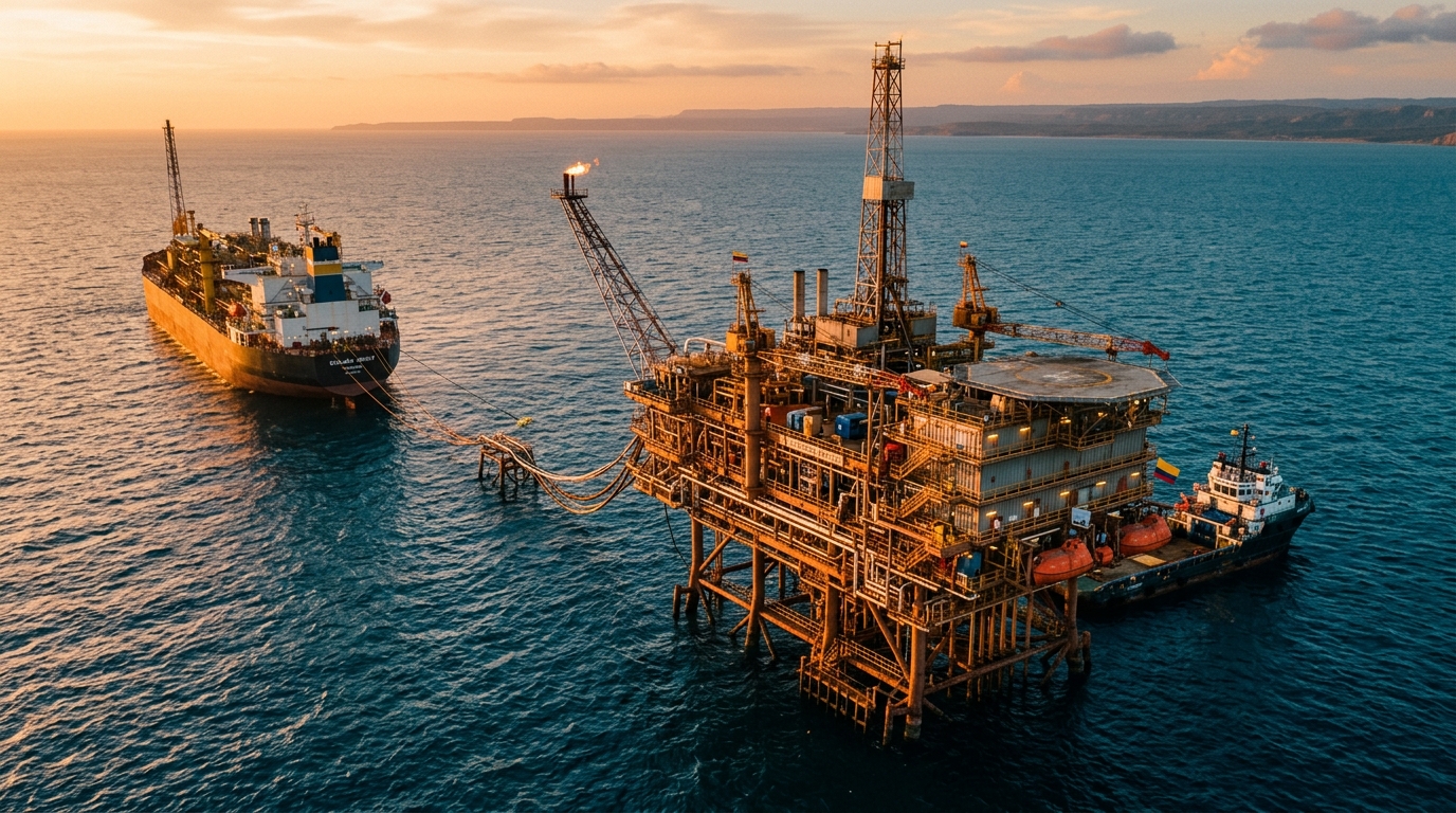 Gas platform in deep waters off Colombia with production vessel and refinery