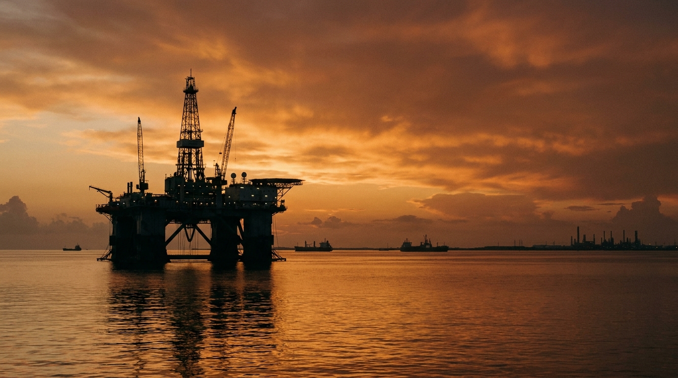 Plataforma petrolera costa afuera en el Golfo de México al atardecer con cielo ámbar y cobre