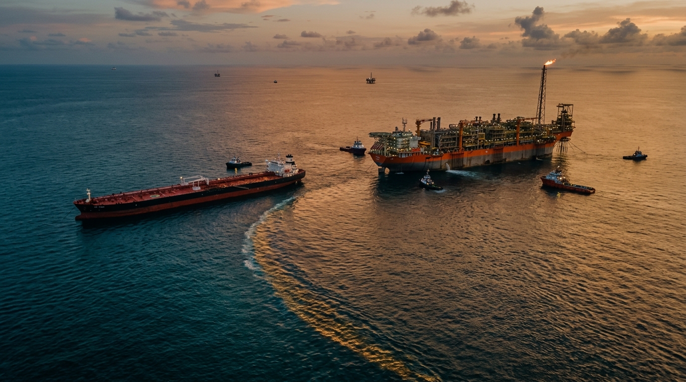 Petrobras offshore oil platform at sea with a tanker vessel nearby