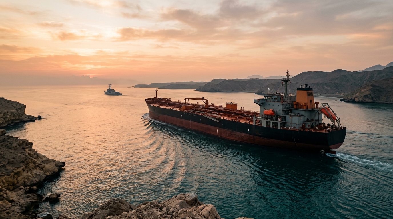 Crude oil tanker in the Strait of Hormuz at dawn