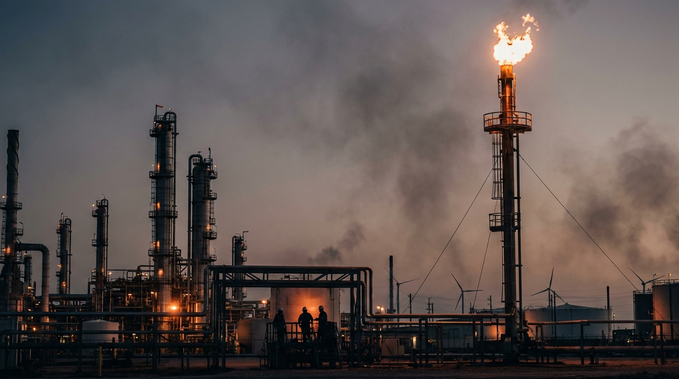 Oil refinery towers and industrial smokestacks at dusk at a petrochemical complex on the Gulf Coast