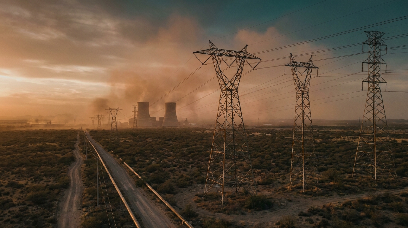 Torre de transmisión eléctrica de alta tensión en paisaje industrial al atardecer