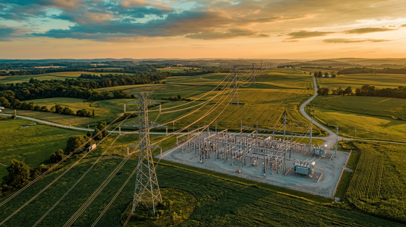 Subestación y líneas de la red de interconexión de PJM en construcción