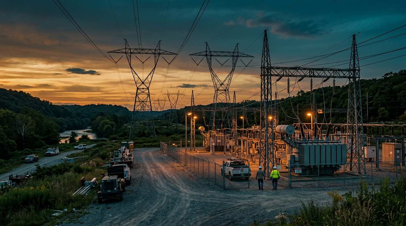 Subestación eléctrica con líneas de transmisión al atardecer, demanda de centros de datos PJM