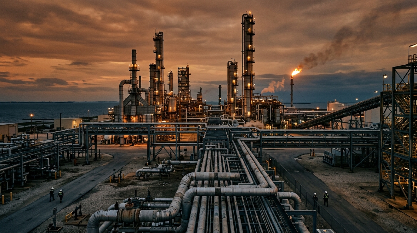 Planta de procesamiento de hidrocarburos con columnas de refinación al atardecer en México