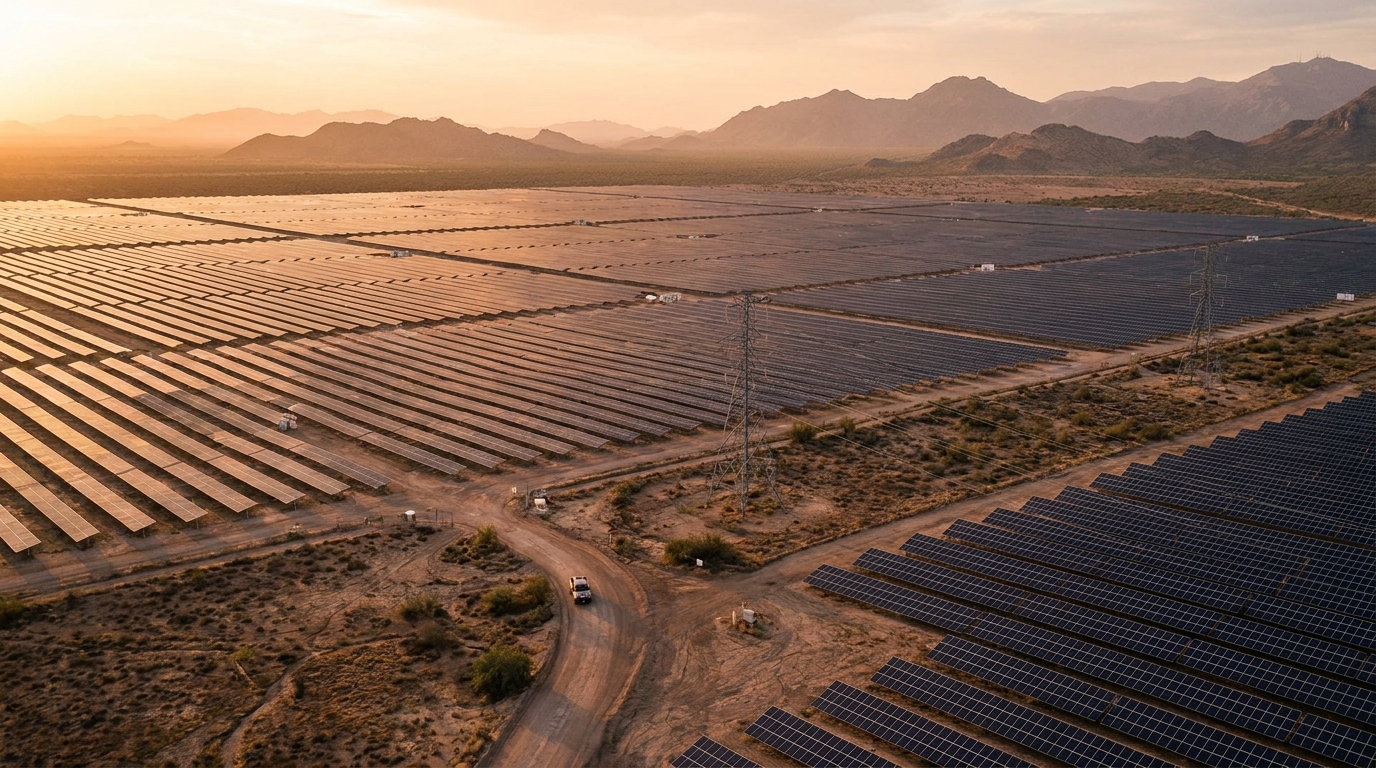 Parque solar fotovoltaico con filas de paneles en desierto de Sonora al atardecer