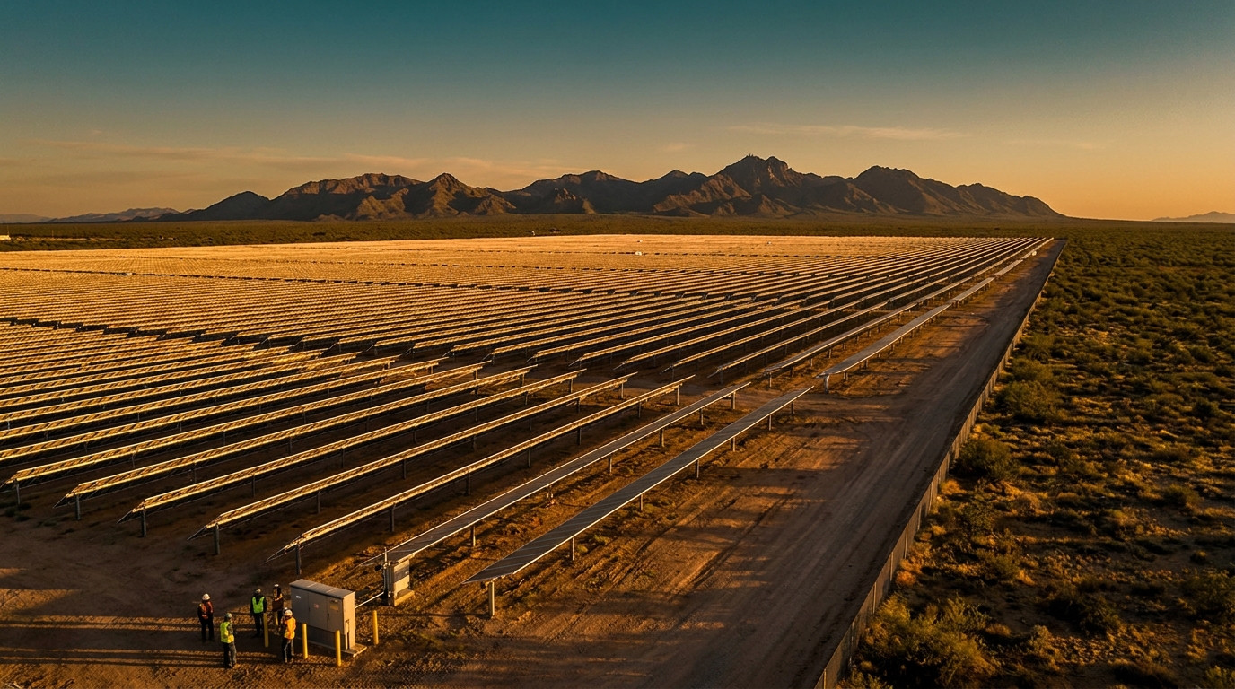 Parque solar fotovoltaico en el desierto de Sonora con filas de paneles al atardecer