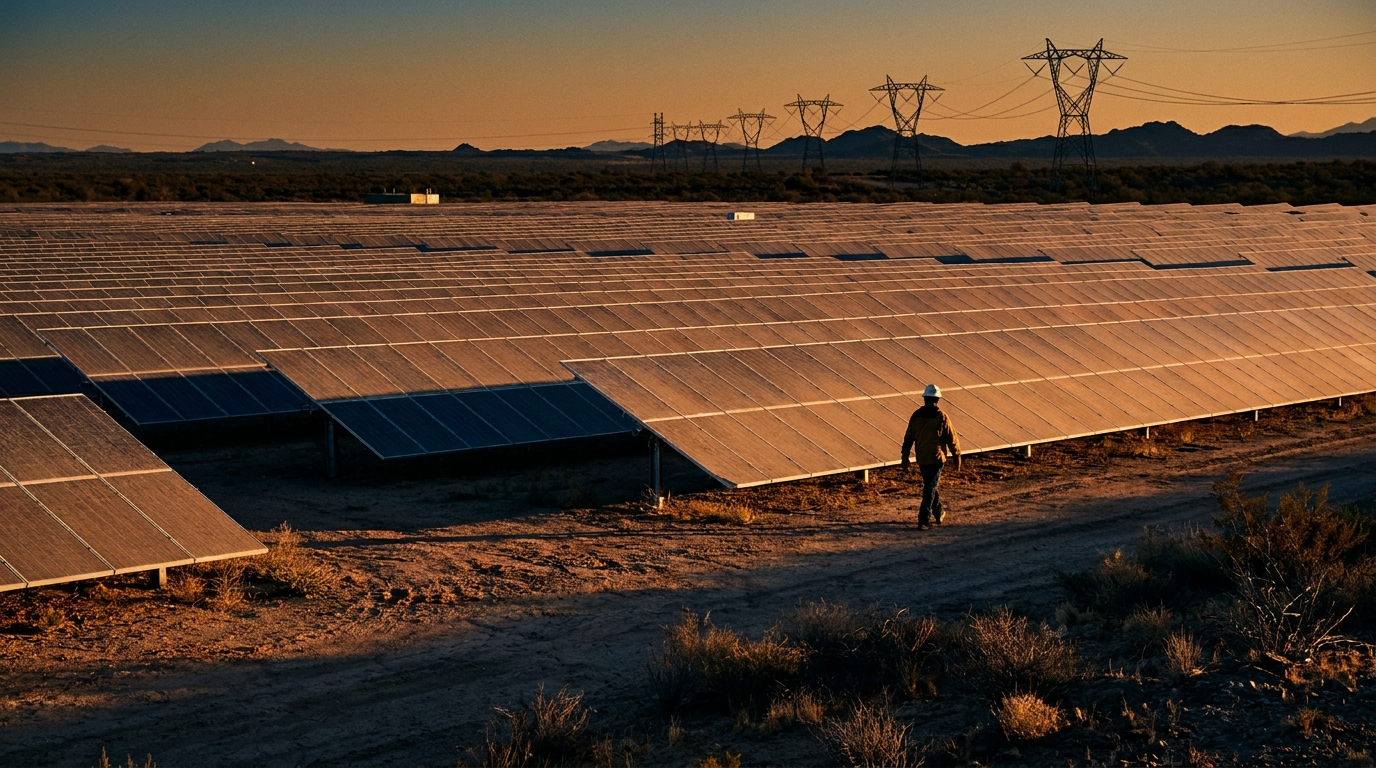 Parque solar fotovoltaico en el desierto de Sonora con hileras de paneles y torres de transmisión al atardecer