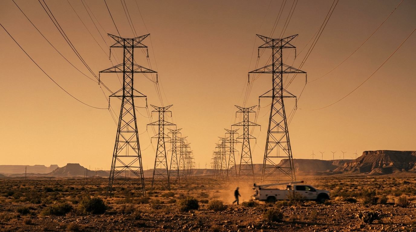 High-voltage transmission lines across the Texas landscape at sunset, amber sky and steel towers