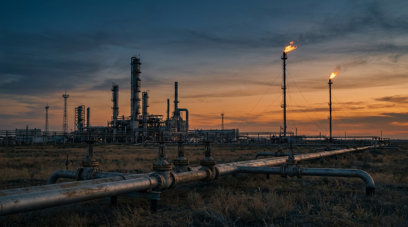 Complejo de refinación de crudo con torres y antorchas al atardecer en Rusia