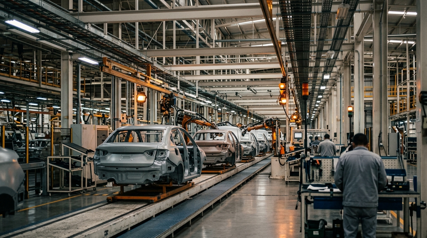 Car assembly line at a Mexican auto plant with vehicle bodies