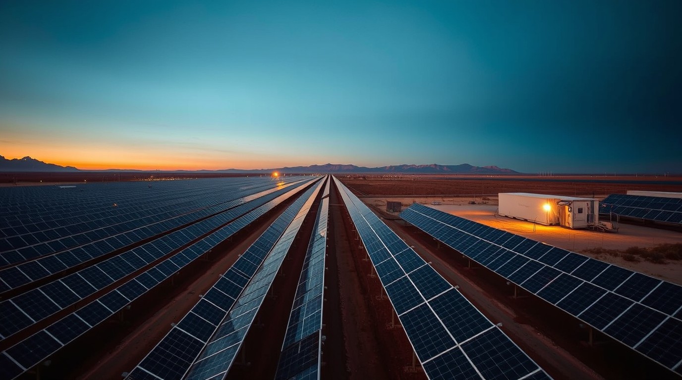 Rows of solar panels with battery containers next to a substation in Chile